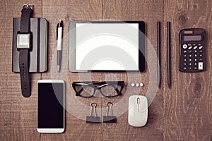 Modern office desk with gadgets. View from above photo