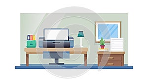 Modern Office Desk with Printer and Computer Setup, vector design Generative AI