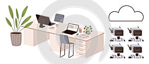 Modern office desk setup with cloud computing and artificial intelligence network integration