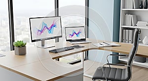 Modern Office Desk Setup Computer, Laptop, Workspace