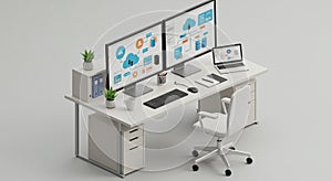 Modern office desk setup featuring two large monitors displaying cloud computing