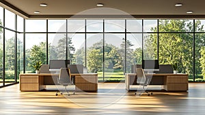 Modern office, desks, park view, sunlight, workspace