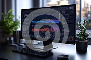 Modern office desktop with computer monitor displaying complex software code and data visualizations