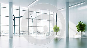 modern office, eco-futuristic in white tones, bright, with huge windows overlooking nature and wind energy generators, eco concept