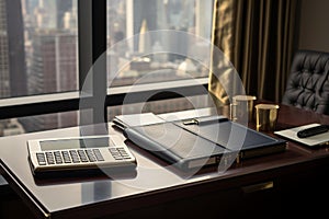 Modern Office Elegance: Financial Portfolio on Mahogany Desk with City Skyline photo
