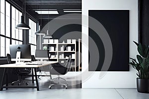 Modern office with empty black frame. Generative ai