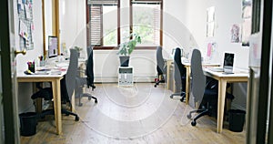 Modern, office and empty or computer desk at professional small business for communication, digital marketing or
