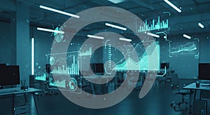 Futuristic Data Analytics Office with Digital Graphs and Charts