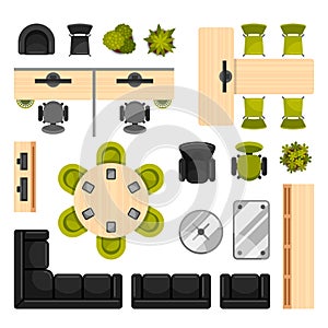 Modern office furniture top view vector illustrations collection