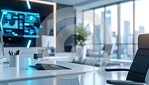 Modern Office with Futuristic HUD Interface