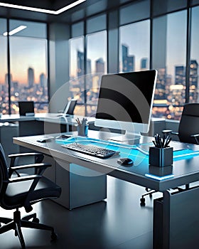 Modern office futuristic workplace in skyscraper