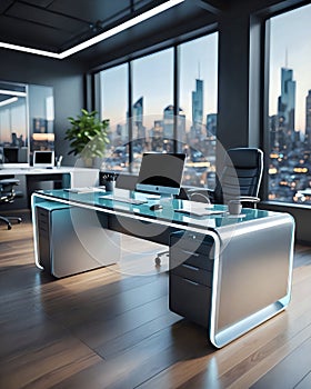 Modern office futuristic workplace in skyscraper
