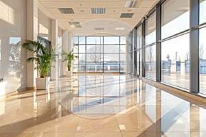 Modern office hall with panoramic windows, beige and brown tones, spacious interior design