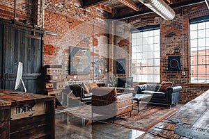 Modern office with industrial design, brick walls, and cozy furniture