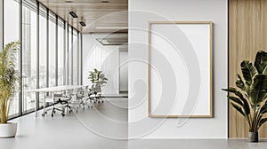 Modern Office Interior with Blank Framed Canvas