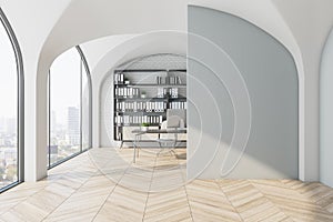 Modern office interior with blank mock up place on wall, designer desktop and computer, bookcase with folders, window with city
