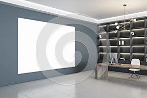 Modern office interior with blank white mock up banner on wall, bookshelf and desktop with equipment. 3D Rendering