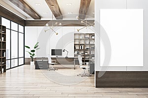 Modern office interior with blank white mock up poster , wooden and concrete walls and flooring, window with city view and