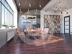 Modern office interior with bookcase