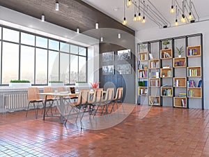 Modern office interior with bookcase