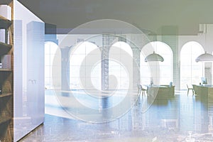 Modern office interior, bookcase toned