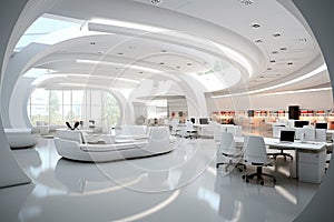 modern office interior design 3d rendering image of a modern office, White open space office interior, AI Generated