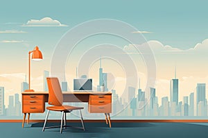 Modern office interior with desk armchair and lamp. Empty workspace room on cityscape background