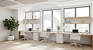 Modern Office Interior with Desks and City View