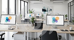 Modern Office Interior Desks, Computers, Plants, Workspace