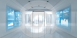 Modern office interior with digital interface displaying financial data and business analytics Concept of technology, data