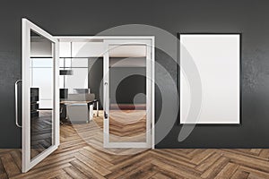 Modern office interior with embty poster on wall