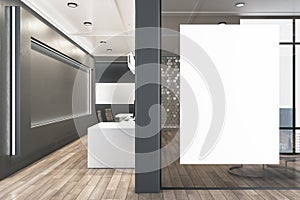 Modern office interior with empty banner on glass wall. Mock up