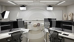 Modern office interior with multiple computer workstations and a large whiteboard computers