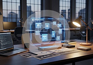 Modern office interior with a focus on technology. A laptop