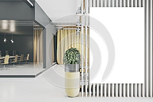 Modern office interior with glass conference room and empty banner on partition wall. Mock up