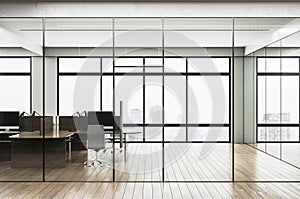 Modern office interior with glass partitions, wooden floors, furniture, large windows showcasing a city view, conceptualizing a