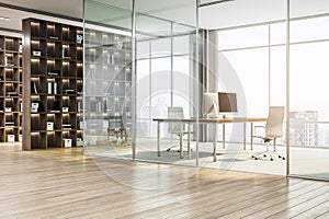 Modern office interior with glass partitions, wooden furnishings, and city view background. Concept of luxury workspace. 3D