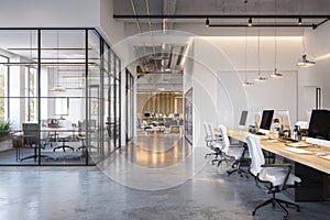 Modern Open-Plan Office Interior with Glass Walls and Natural Light