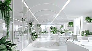 Modern office interior with green plants, desks and computers, empty room with white design. Theme of business, space, background