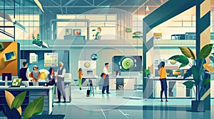 Modern office interior illustration with diverse employees