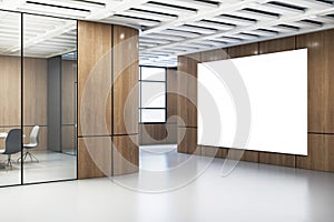 Modern office interior with a large blank whiteboard, wood partitions, and a meeting area, on a light background, concept of