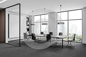 Modern office interior with a meeting table, chairs, and bookshelves, cityscape background, concept of professionalism. 3D photo