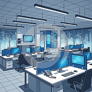 Modern office interior with multiple workstations featuring large