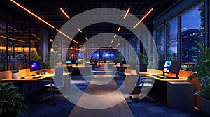Modern Office Interior at Night with City View