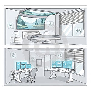 Modern Office Interior, Open Plan Workspace, Productivity Environment, vector design Generative AI