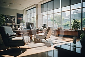 modern office interior overlooking the city skyline