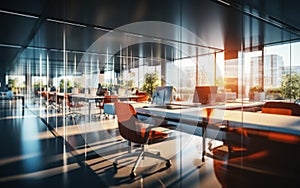 Modern Office Interior with Reflective Glass Partitions, Contemporary Workspace Design, Blurred Concept of Corporate Business