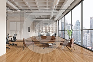 Modern office interior with relax and glass conference room, panoramic window