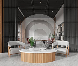 Modern office interior with relaxing and meeting space, shelf with folders
