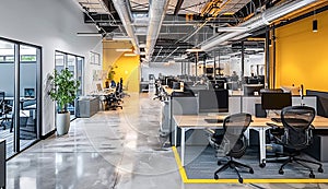 Modern Office Interior With Rows of Empty Workstations and Natural Light